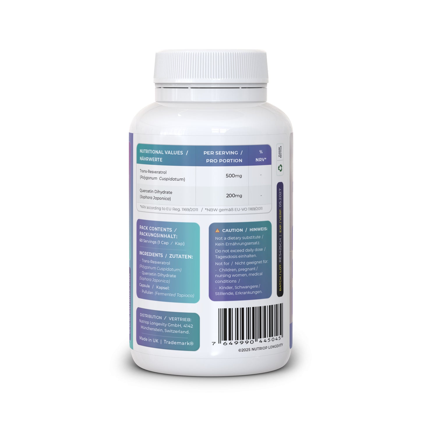 Bio-Enhanced Nutriop Longevity® Resvératrol avec Pure Quercétine - Capsules de 700mg (x60)