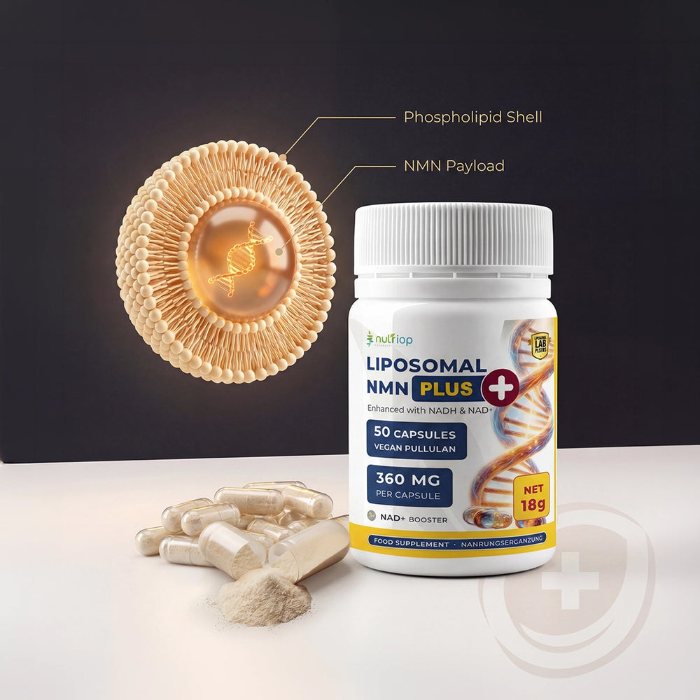 Nutriop Longevity® Max Strength LIPOSOMAL NMN PLUS +، معزز بـ NADH وNAD+ - كبسولات عالية الفعالية بتركيز 360 ملغ (50 كبسولة) - 18 غرام