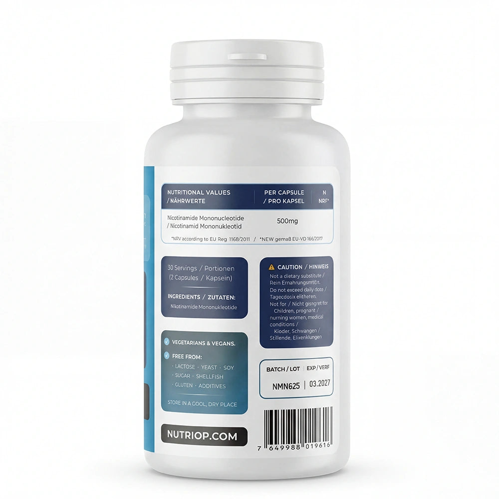 Nutriop Longevity® Pure-NMN Nicotinamida Mononucleótido Potência Extrema 500mg Cápsulas (x60) - 30 Gramas