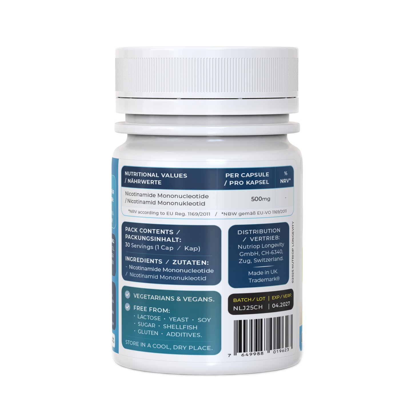 Nutriop Longevity® Pure-NMN Nicotinamide Mononucleotide Extreme Potency 500mg Capsules (x30) - 15 Grams