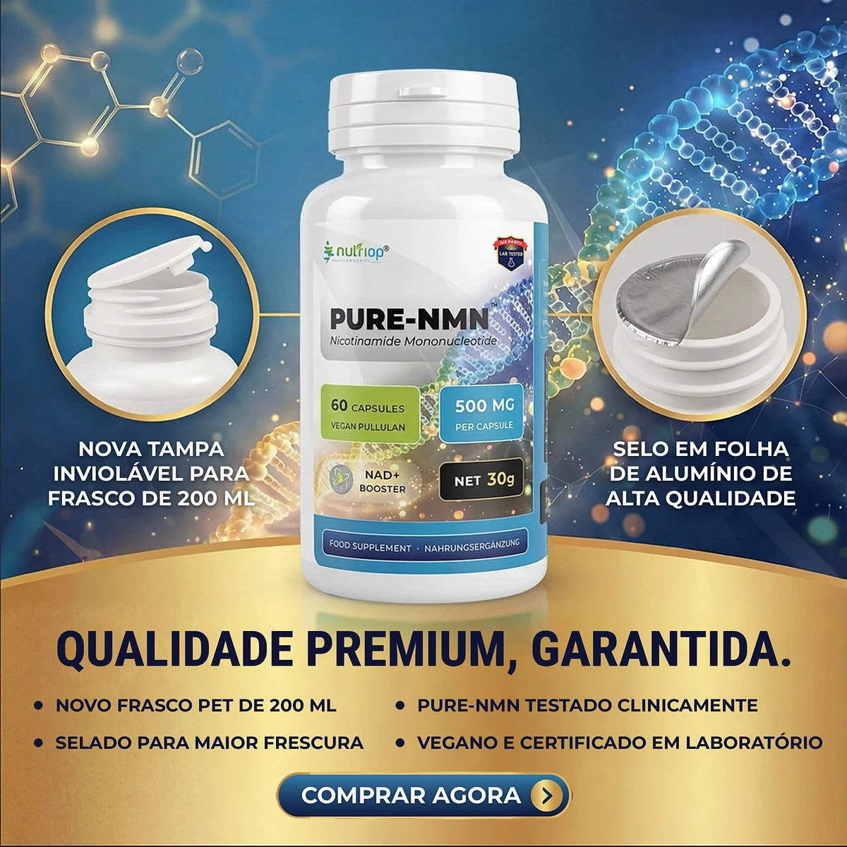 Nutriop PURE-NMN 500 mg em frasco de 200 ml com nova tampa inviolável e selo em folha de alumínio de alta qualidade – qualidade premium, testado clinicamente, vegano e certificado em laboratório