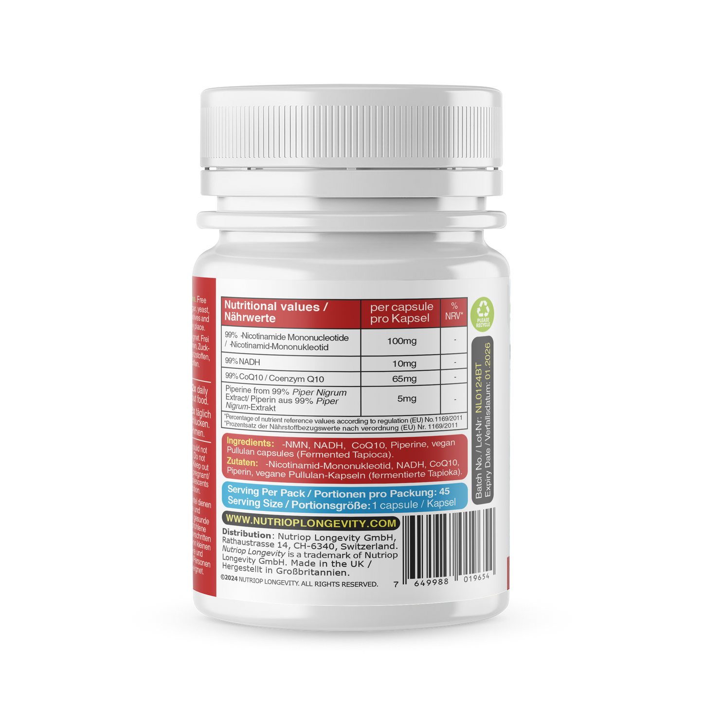 Bio-Enhanced Nutriop Longevity® Vida com NADH, NMN e CQ10 - Extra Forte - 45 cápsulas