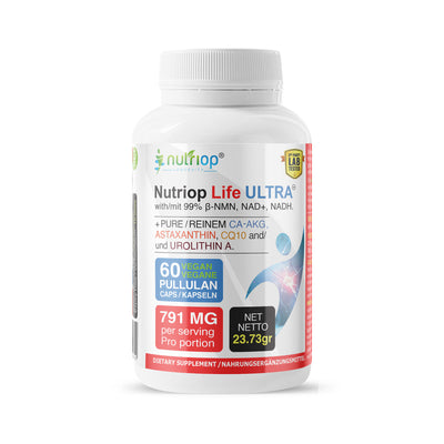 Bio-Enhanced Nutriop Longevityยฎ Life ULTRA with NADH, NAD+, CQ10, ASTAXANTHIN and CA-AKG - 791mg per serving (x30)