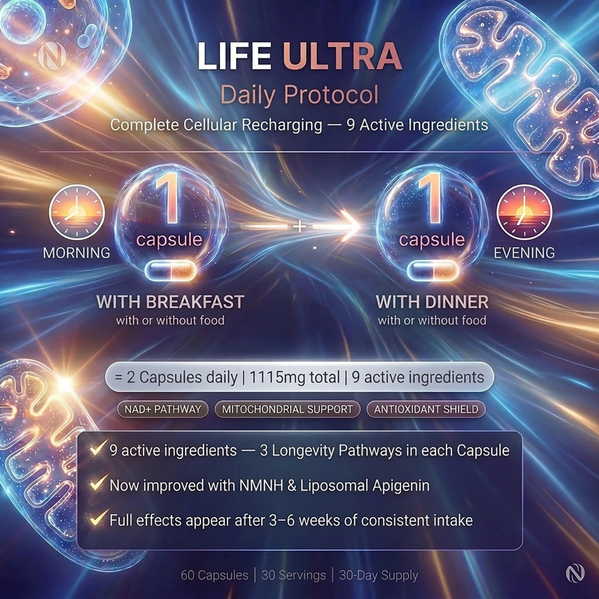 Nutriop® Life ULTRA - Complejo avanzado de longevidad de múltiples vías (1115 mg)