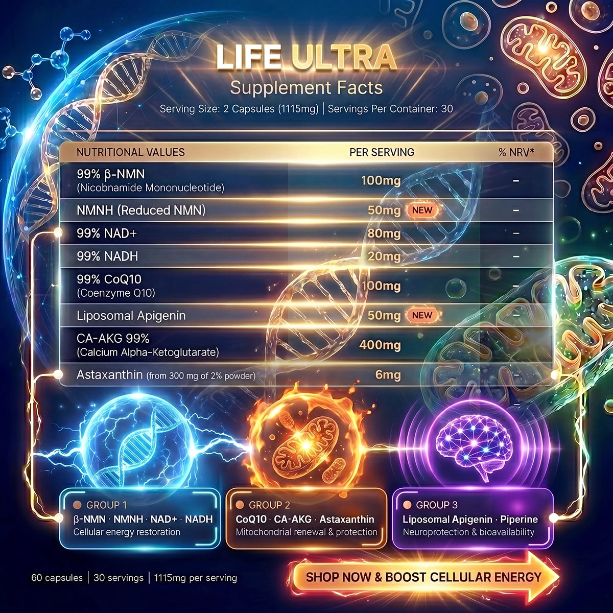 Nutriop® Life ULTRA - Avanceret multi-pathway-kombinationsprodukt for lang levetid (1115 mg)