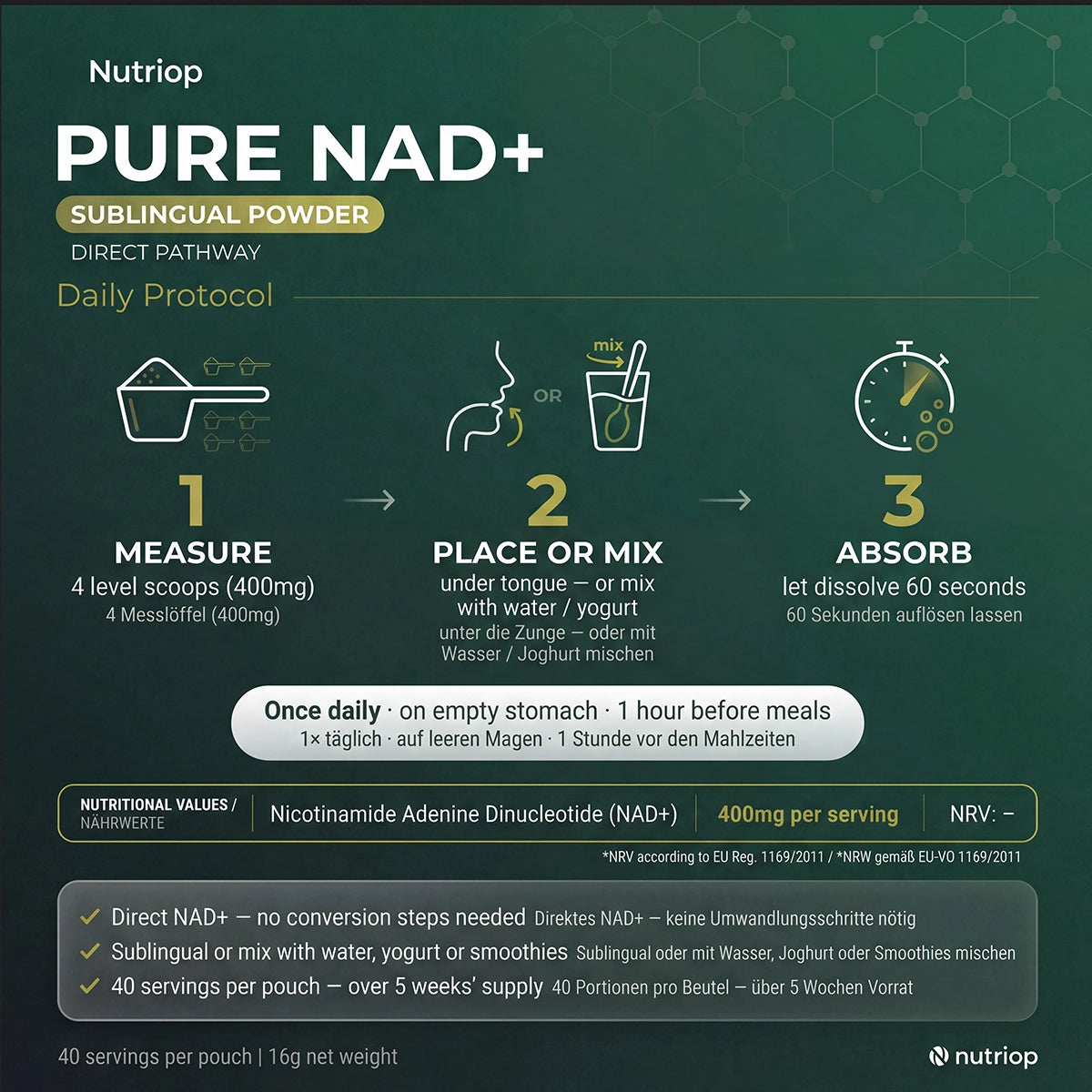 Nutriop Longevity® PURE-NAD+, Nicotinamide Adenine Dinucleotide - Polvere sublinguale ad altissima potenza - 16 grammi