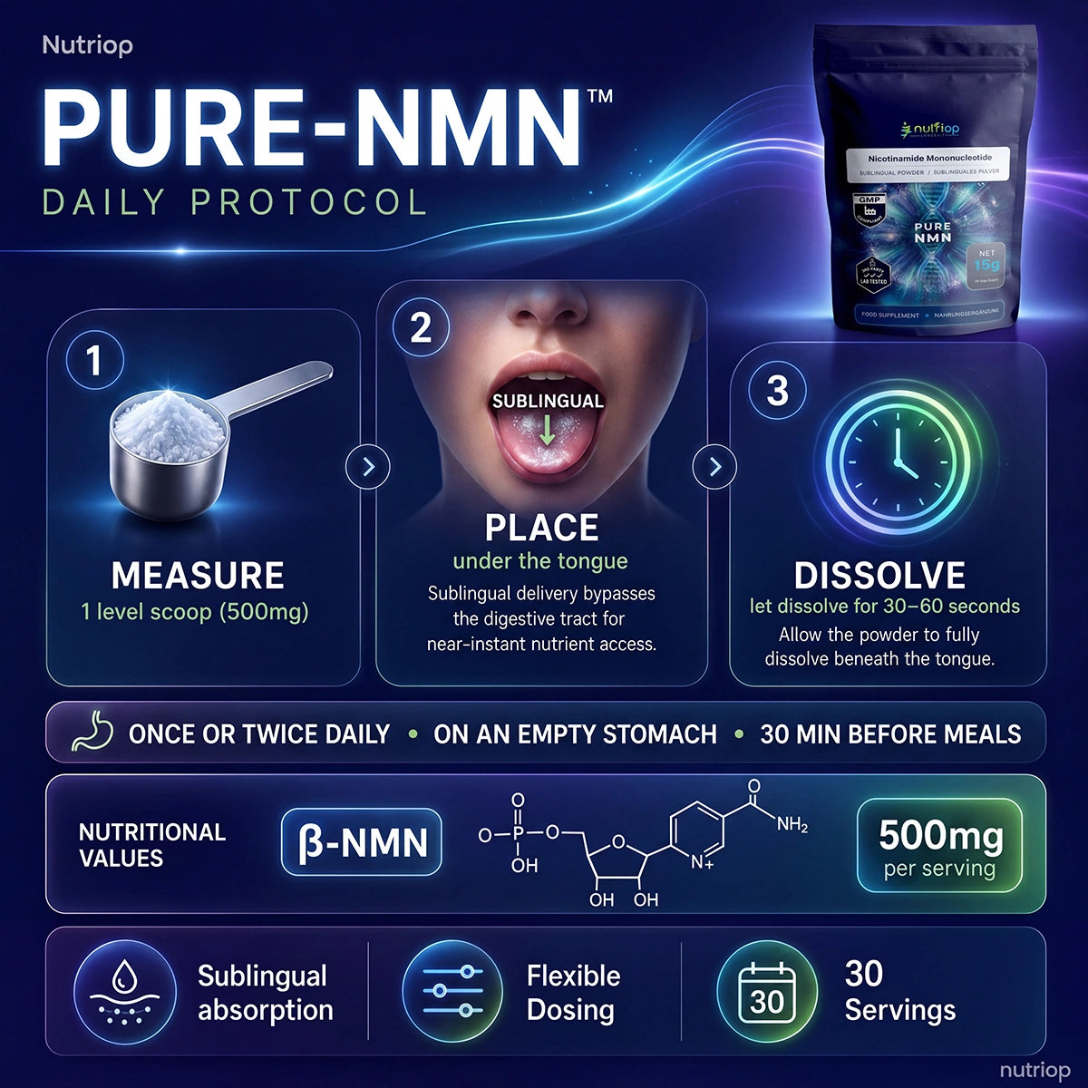 Nutriop Longevity® PURE-NMN Mononucleótido de nicotinamida de potencia extrema en polvo sublingual - 15 gramos