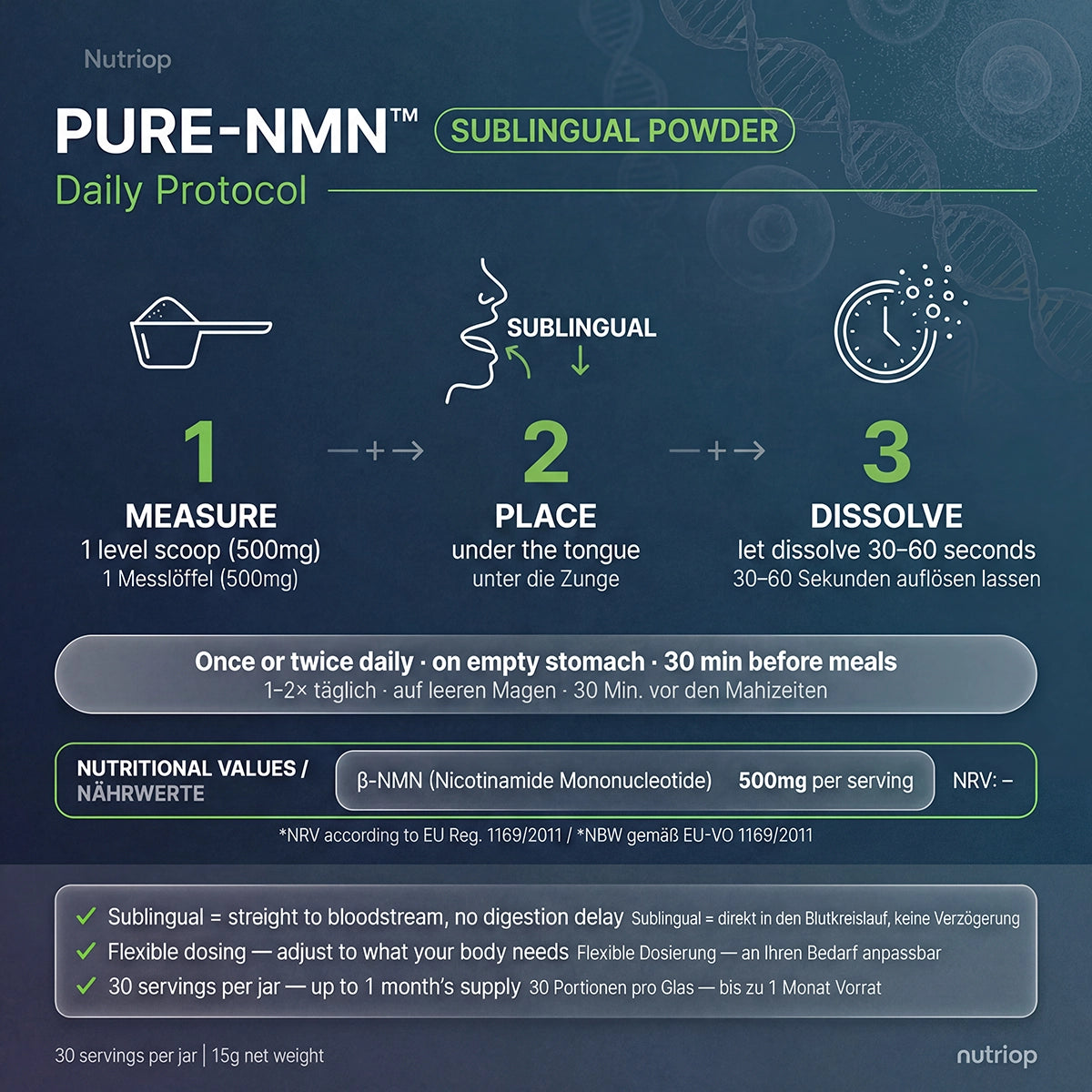 Nutriop Longevity® PURE-NMN Mononucleótido de nicotinamida de potencia extrema en polvo sublingual - 15 gramos