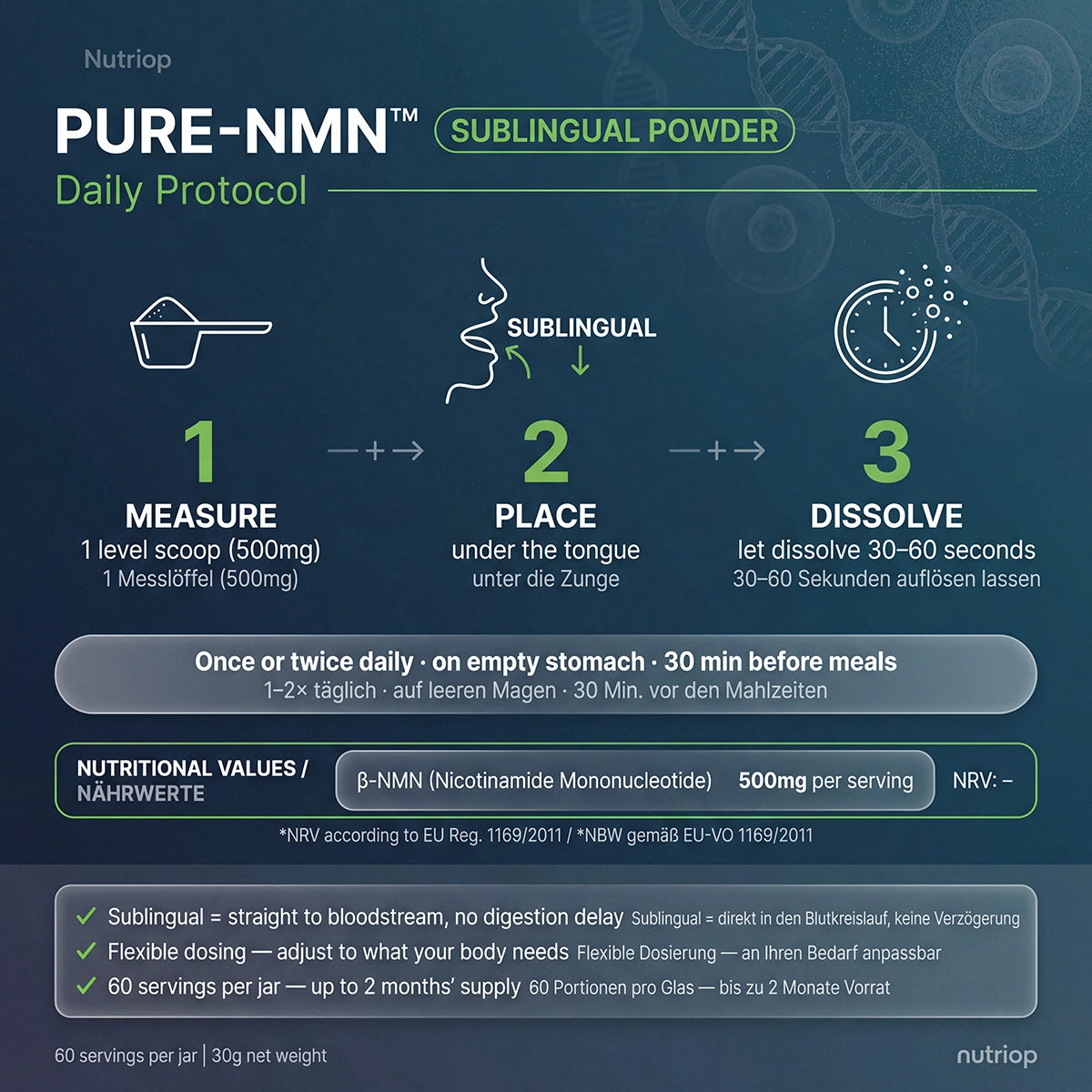 مسحوق تحت اللسان عالي الفعالية Nutriop Longevity® PURE-NMN نيكوتيناميد مونونوكليوتيد - 30 جرام