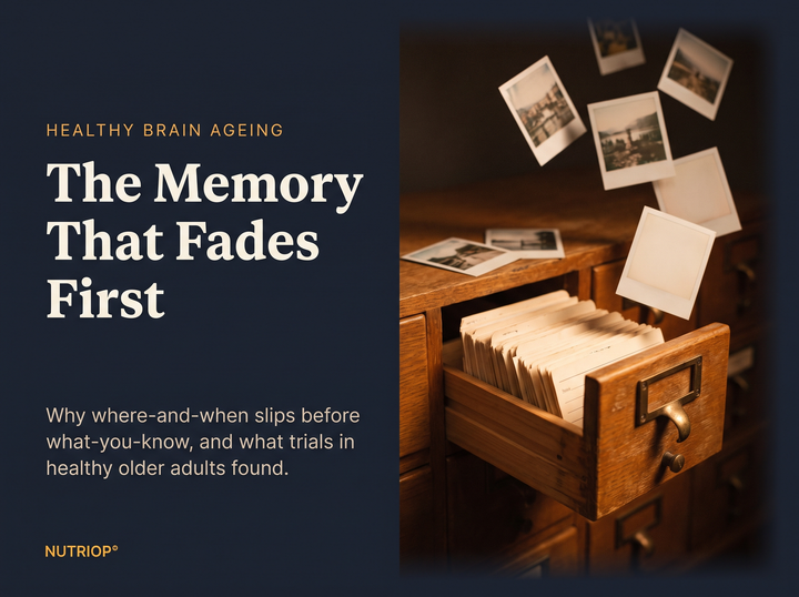 HEALTHY BRAIN AGEING — The Memory That Fades First: Why where-and-when slips before what-you-know, and what trials in healthy older adults found. An open wooden card-catalogue drawer with crisp index cards while old photographs drift away and fade.