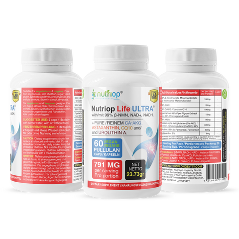 Image of Bio-Enhanced Nutriop Longevity® Life ULTRA cu NADH, NAD+, CQ10, ASTAXANTHIN și CA-AKG - 791mg per porție (x30)