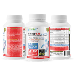 Bio-Enhanced Nutriop Longevity® Life ULTRA cu NADH, NAD+, CQ10, ASTAXANTHIN și CA-AKG - 791mg per porție (x30)