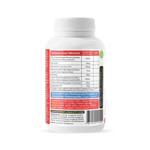 Image of Bio-Enhanced Nutriop Longevity® Life ULTRA mit NADH, NAD+, CQ10, ASTAXANTHIN und CA-AKG - 791mg pro Portion (x30)