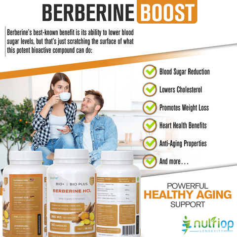 Image of Nutriop Longevity® Bio-Enhanced Berberine HCL med ren organisk piperin och druvkärneextrakt - 865 mg per portion (x45)