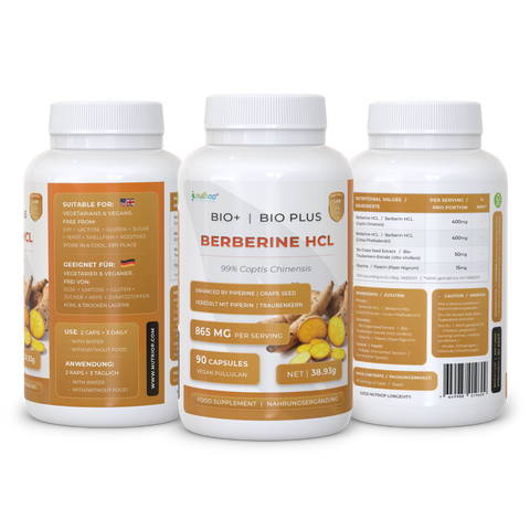 Image of Nutriop Longevity® Bio-Enhanced Berberine HCL med ren organisk piperin och druvkärneextrakt - 865 mg per portion (x45)