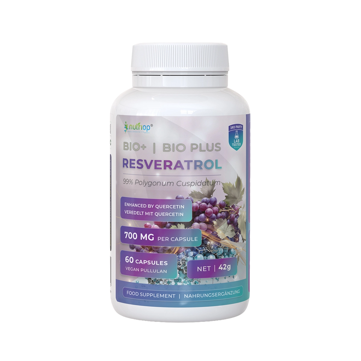Nutriop® Resveratrol + Quercetin 700 mg - Grundlæggende SIRT1-langlevedsstak (60 kapsler)
