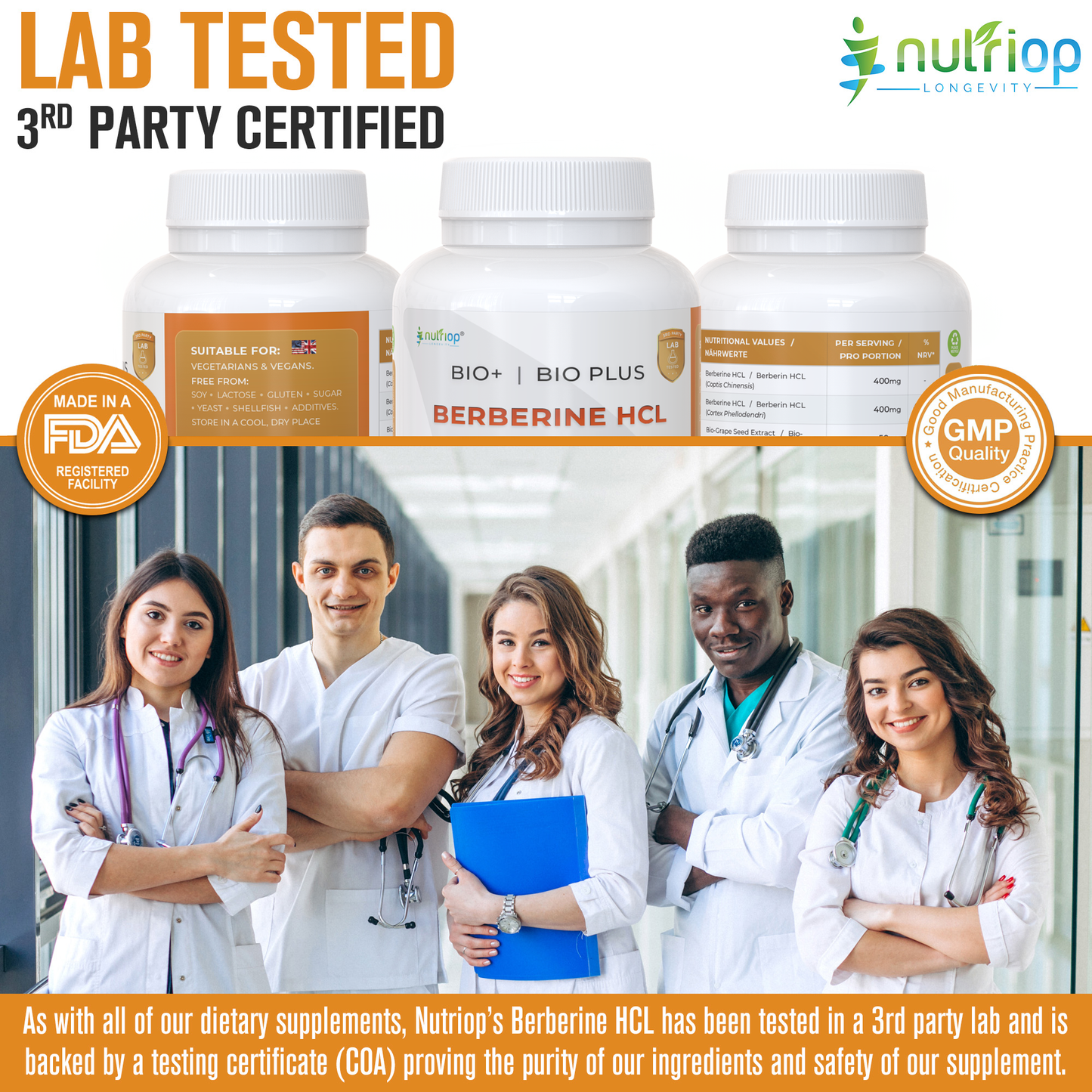 Nutriop Longevity® Bio-Enhanced Berberine HCL with Pure Organic Piperine and Grape Seed Extract - 865mg per serving (x45)