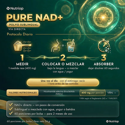 Pure NAD+ polvo sublingual 24 g – protocolo diario: 1 medida rasa (400 mg) bajo la lengua o mezclada con agua o yogur, dejar disolver 60 segundos. Una vez al día, con el estómago vacío, 1 hora antes de las comidas. 60 porciones por bolsa.