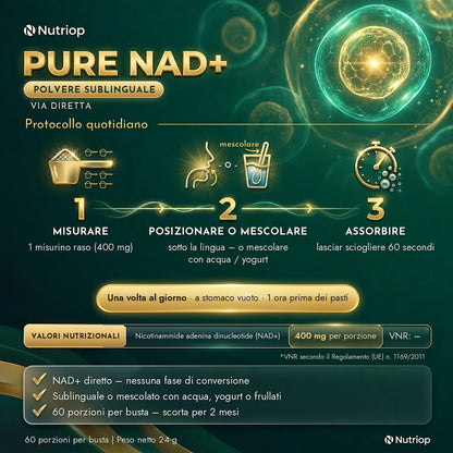 Pure NAD+ polvere sublinguale 24 g – protocollo quotidiano: 1 misurino raso (400 mg) sotto la lingua o mescolato con acqua o yogurt, lasciar sciogliere 60 secondi. Una volta al giorno, a stomaco vuoto, 1 ora prima dei pasti. 60 porzioni per busta.