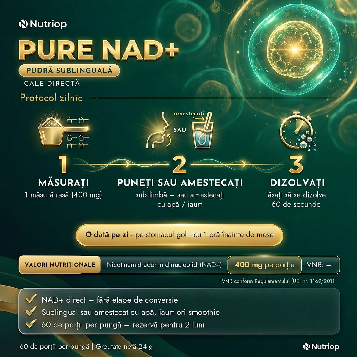 Pure NAD+ pudră sublinguală 24 g – protocol zilnic: 1 măsură rasă (400 mg) sub limbă sau amestecată cu apă ori iaurt, lăsați să se dizolve 60 de secunde. O dată pe zi, pe stomacul gol, cu 1 oră înainte de mese. 60 de porții per pungă.