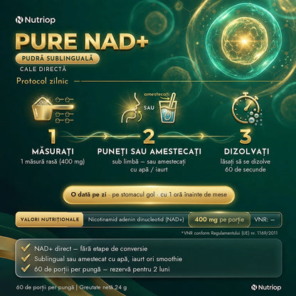 Pure NAD+ pudră sublinguală 24 g – protocol zilnic: 1 măsură rasă (400 mg) sub limbă sau amestecată cu apă ori iaurt, lăsați să se dizolve 60 de secunde. O dată pe zi, pe stomacul gol, cu 1 oră înainte de mese. 60 de porții per pungă.