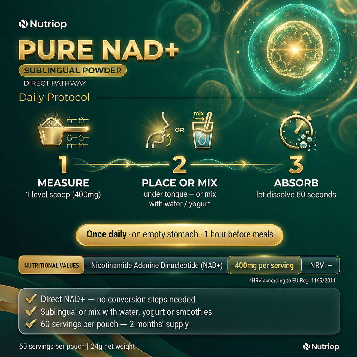 Nutriop® Pure NAD+ Pó Sublingual - Combustível Celular Direto (16 g)