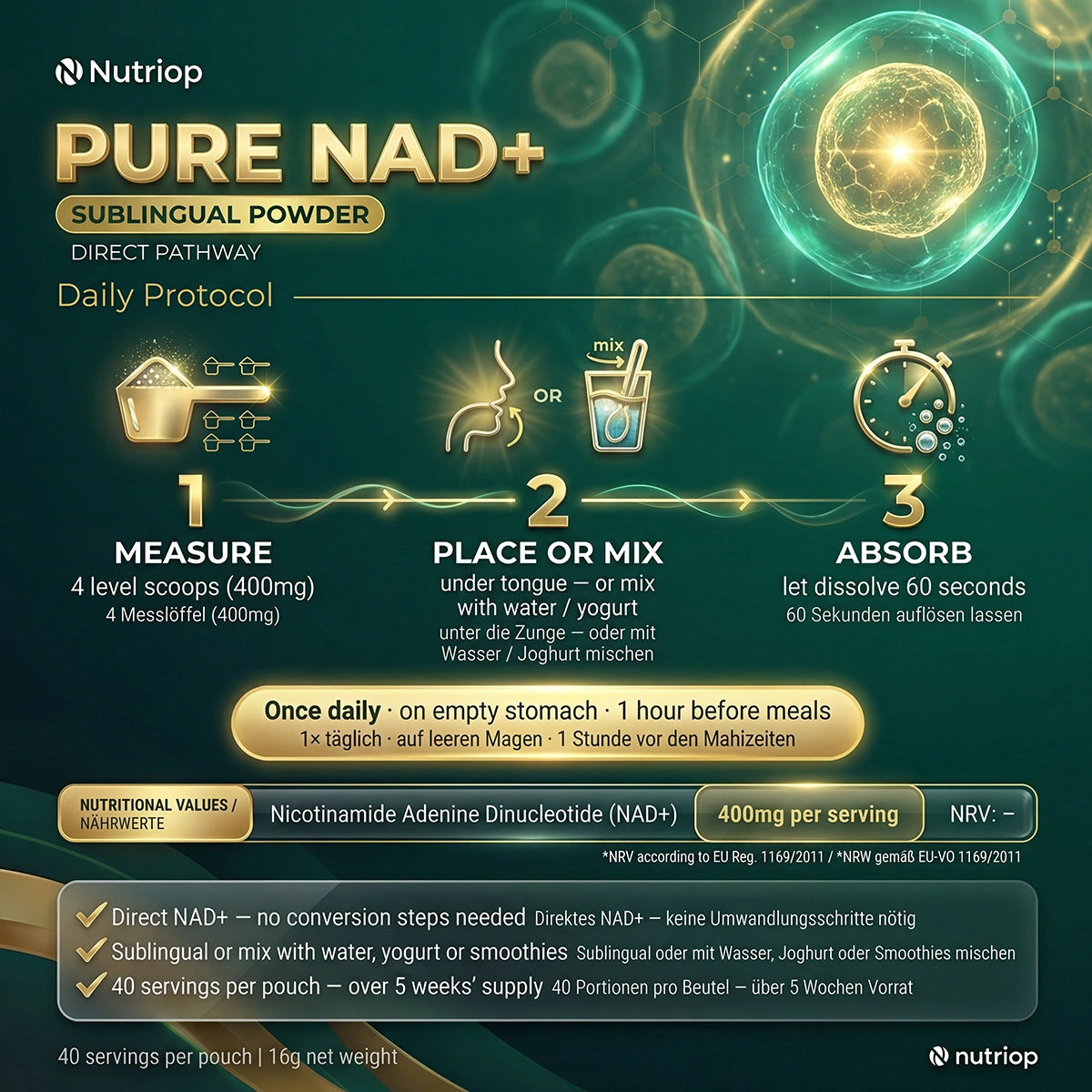 Nutriop Longevity® PURE-NAD+, Dinukleotyd Nikotynoamidoadeninowy - Ekstremalnie Mocny proszek podjęzykowy - 16 gramów