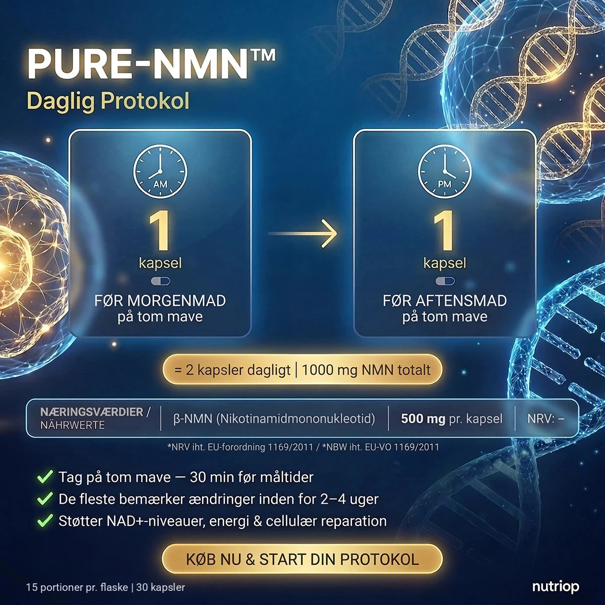 Daglig protokol for PURE-NMN: 1 kapsel før morgenmad og 1 kapsel før aftensmad, på tom mave – 2 kapsler (1.000 mg NMN) dagligt. 15 portioner pr. flaske, 30 kapsler.
