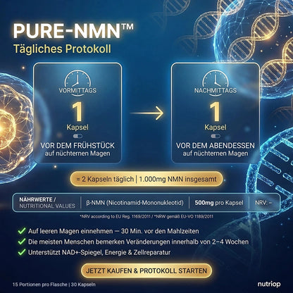 PURE-NMN-Tagesprotokoll: 1 Kapsel vor dem Frühstück und 1 Kapsel vor dem Abendessen, jeweils auf nüchternen Magen – 2 Kapseln (1.000 mg NMN) täglich. 15 Portionen pro Flasche, 30 Kapseln.