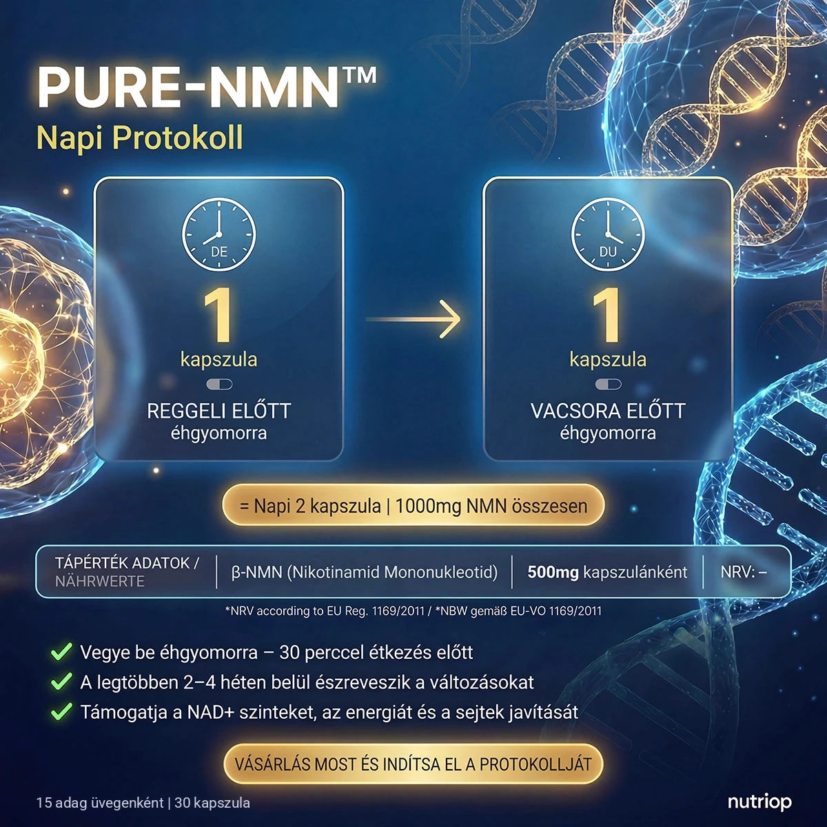PURE-NMN napi protokoll: 1 kapszula reggeli előtt és 1 kapszula vacsora előtt, éhgyomorra – naponta 2 kapszula (1000 mg NMN). 15 adag üvegenként, 30 kapszula.