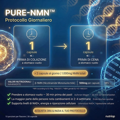 Protocollo giornaliero PURE-NMN: 1 capsula prima di colazione e 1 capsula prima di cena, a stomaco vuoto – 2 capsule (1.000 mg di NMN) al giorno. 15 porzioni per flacone, 30 capsule.