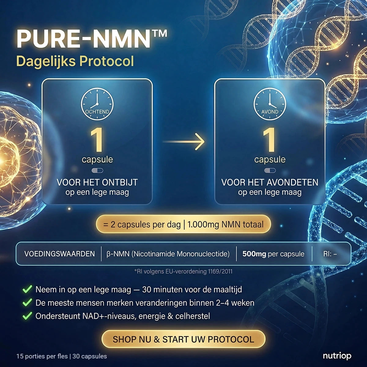 Dagelijks PURE-NMN-protocol: 1 capsule vóór het ontbijt en 1 capsule vóór het avondeten, op een lege maag – 2 capsules (1000 mg NMN) per dag. 15 porties per fles, 30 capsules.