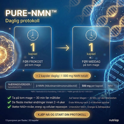 Daglig protokoll for PURE-NMN: 1 kapsel før frokost og 1 kapsel før middag, på tom mage – 2 kapsler (1000 mg NMN) daglig. 15 porsjoner per flaske, 30 kapsler.