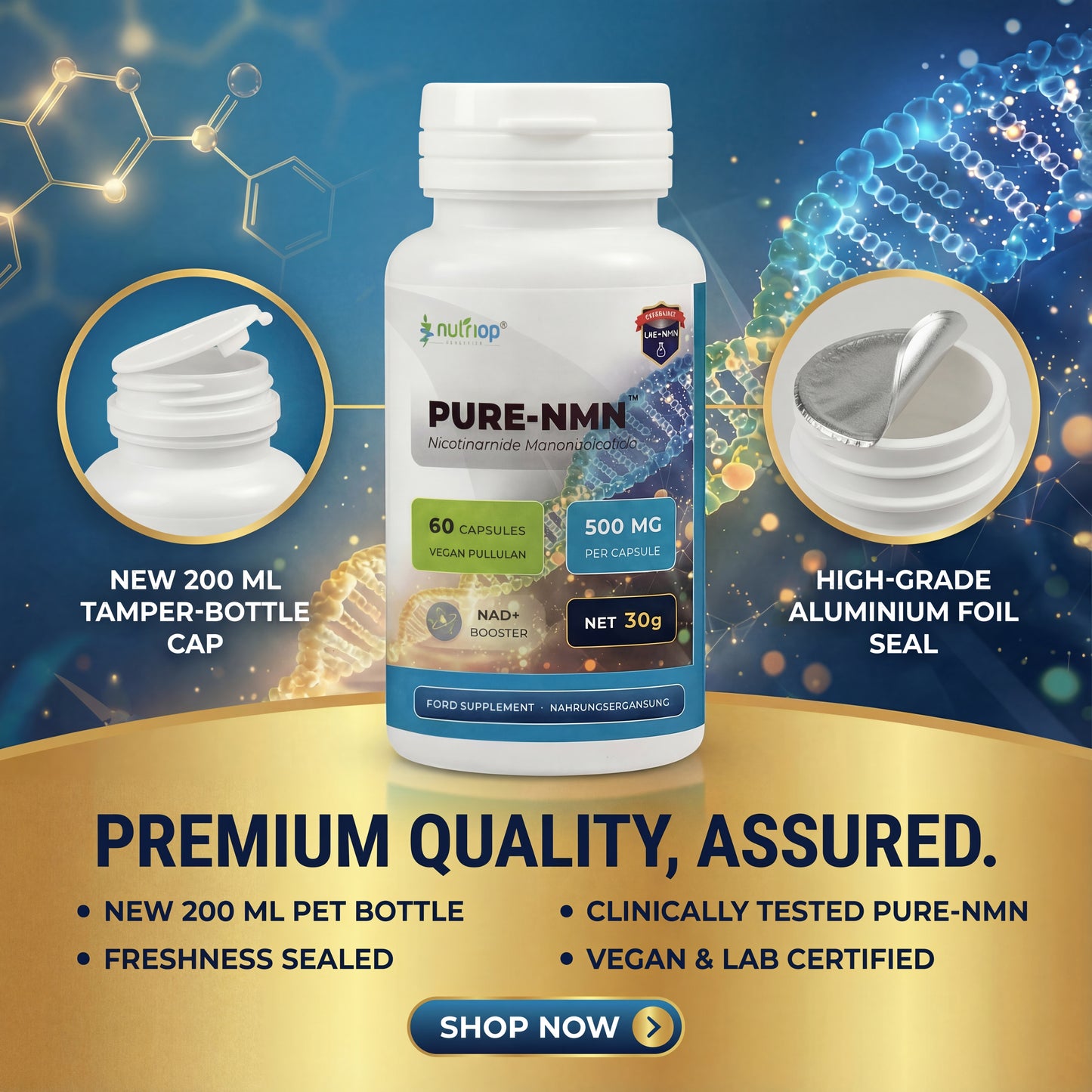 Nutriop Longevity® Pure-NMN Nicotinamide Mononucleotide Extreme Potency 500mg Capsules (x60) - 30 Grams