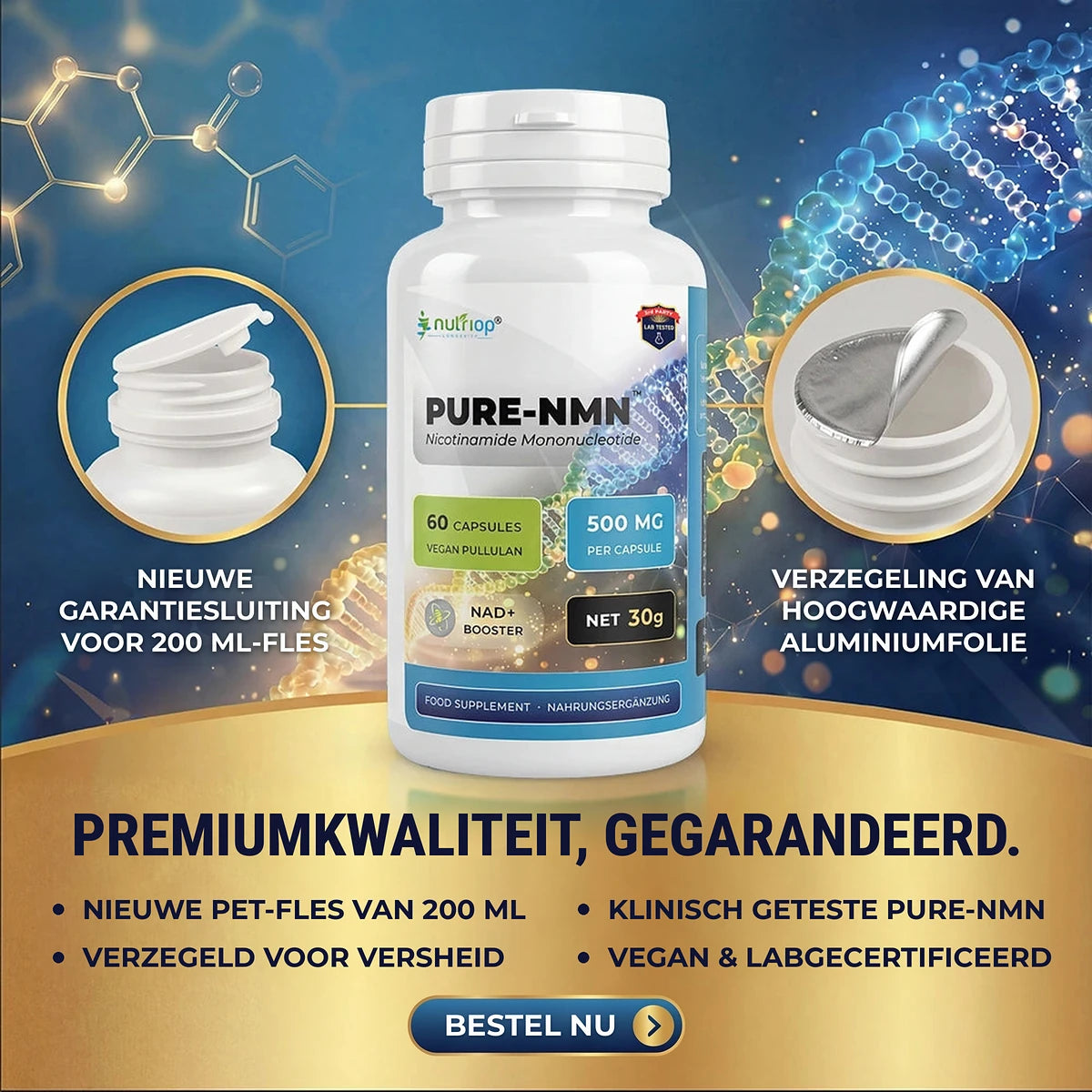 Nutriop PURE-NMN 500 mg in een 200 ml-fles met nieuwe garantiesluiting en verzegeling van hoogwaardige aluminiumfolie – premiumkwaliteit, klinisch getest, vegan en labgecertificeerd