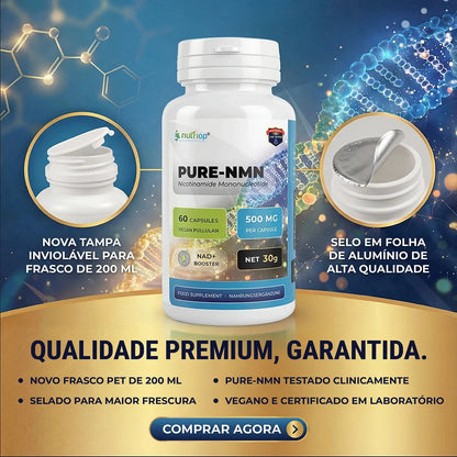 Nutriop PURE-NMN 500 mg em frasco de 200 ml com nova tampa inviolável e selo em folha de alumínio de alta qualidade – qualidade premium, testado clinicamente, vegano e certificado em laboratório