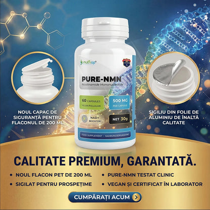 Nutriop PURE-NMN 500 mg în flacon de 200 ml, cu un nou capac de siguranță și un sigiliu din folie de aluminiu de înaltă calitate – calitate premium, testat clinic, vegan și certificat în laborator