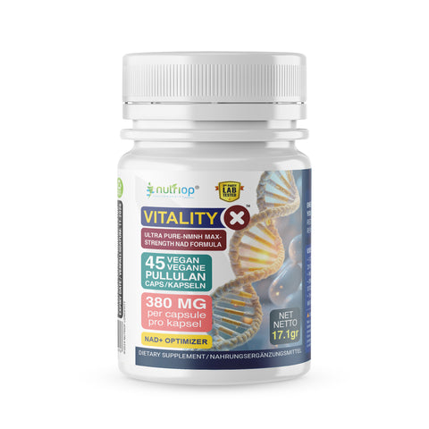 Image of Nutriop Longevity® Vitality-X™ Ultra Pure-NMNH NAD+-Formel mit maximaler Stärke | 380 mg x 45 Langlebigkeitskapseln | 17,10 g