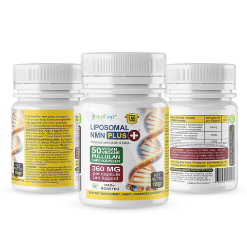 Image of Nutriop Longevity® Máxima Fuerza LIPOSOMAL NMN PLUS +, Mejorado con NADH y NAD+ - Cápsulas de Alta Potencia de 360mg (50 Unidades) - 18g