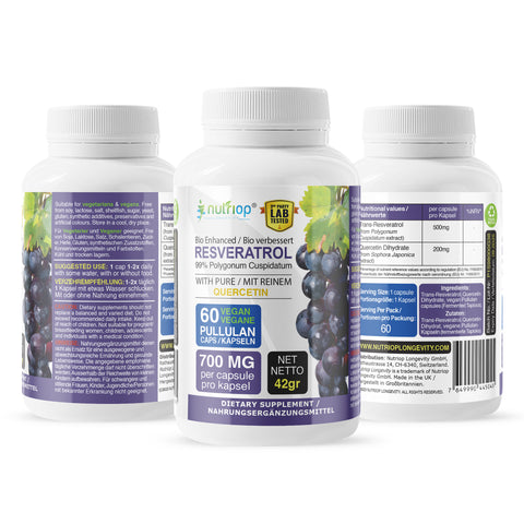 Image of Bio-Enhanced Nutriop Longevity® Resvératrol avec Pure Quercétine - Capsules de 700mg (x60)