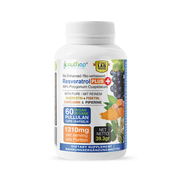 Bio-Enhanced Nutriop Longevity® Resveratrol PLUS cu Quercetin pur, Fisetin, Curcumin și Piperine - 1310mg per porție (x30)