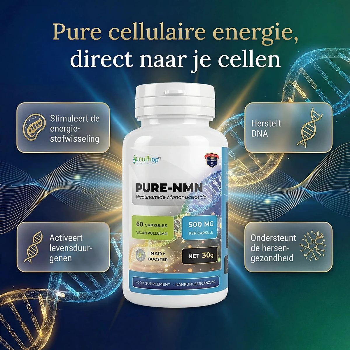 Nutriop PURE-NMN 500 mg capsules – pure cellulaire energie: stimuleert de energiestofwisseling, herstelt DNA, activeert levensduurgenen en ondersteunt de hersengezondheid