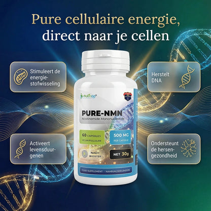 Nutriop PURE-NMN 500 mg capsules – pure cellulaire energie: stimuleert de energiestofwisseling, herstelt DNA, activeert levensduurgenen en ondersteunt de hersengezondheid