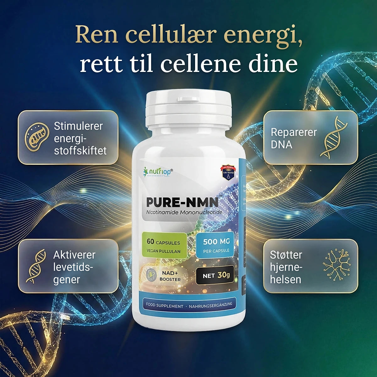 Nutriop PURE-NMN 500 mg kapsler – ren cellulær energi: stimulerer energistoffskiftet, reparerer DNA, aktiverer levetidsgener og støtter hjernehelsen
