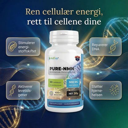 Nutriop PURE-NMN 500 mg kapsler – ren cellulær energi: stimulerer energistoffskiftet, reparerer DNA, aktiverer levetidsgener og støtter hjernehelsen