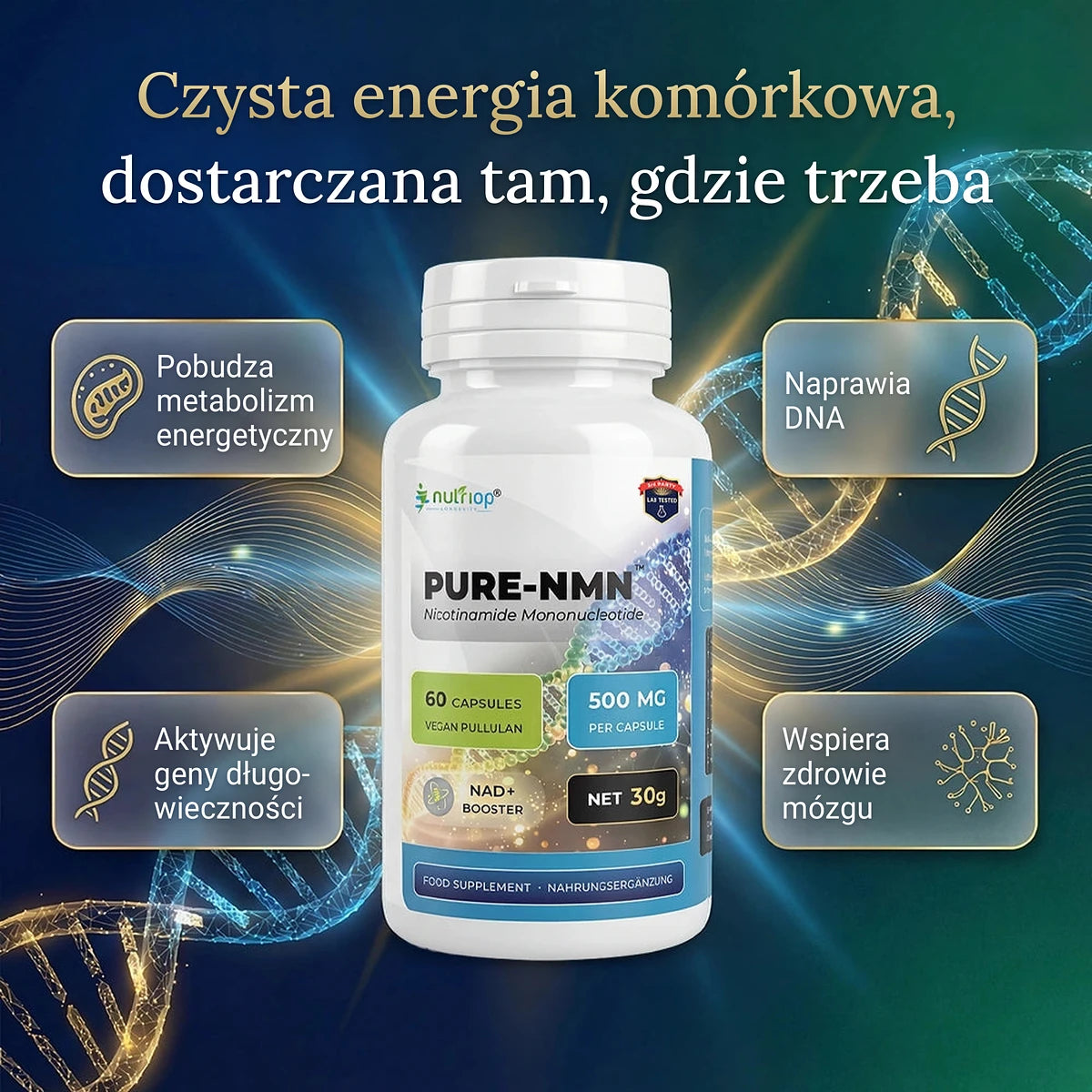 Kapsułki Nutriop PURE-NMN 500 mg – czysta energia komórkowa: pobudzają metabolizm energetyczny, naprawiają DNA, aktywują geny długowieczności i wspierają zdrowie mózgu