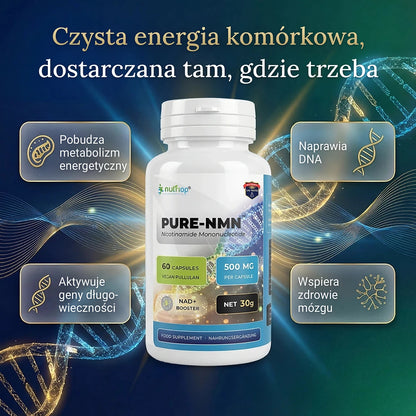 Kapsułki Nutriop PURE-NMN 500 mg – czysta energia komórkowa: pobudzają metabolizm energetyczny, naprawiają DNA, aktywują geny długowieczności i wspierają zdrowie mózgu