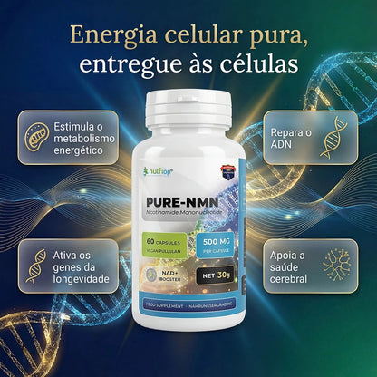 Cápsulas Nutriop PURE-NMN 500 mg – energia celular pura: estimula o metabolismo energético, repara o ADN, ativa os genes da longevidade e apoia a saúde cerebral