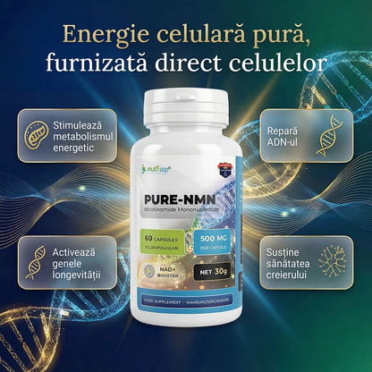 Capsule Nutriop PURE-NMN 500 mg – energie celulară pură: stimulează metabolismul energetic, repară ADN-ul, activează genele longevității și susțin sănătatea creierului