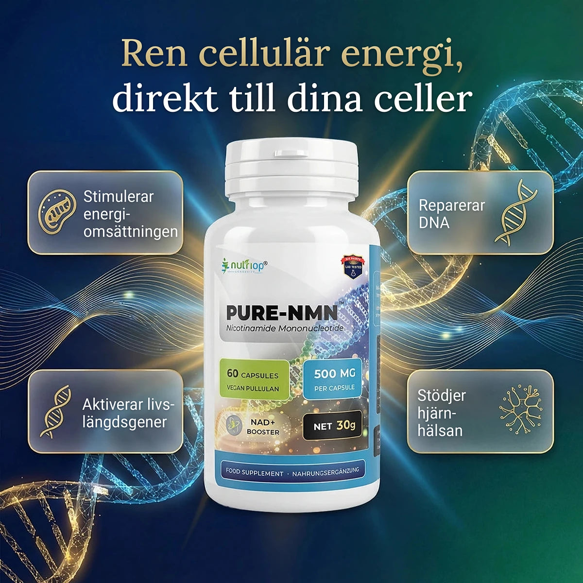 Nutriop PURE-NMN 500 mg kapslar – ren cellulär energi: stimulerar energiomsättningen, reparerar DNA, aktiverar livslängdsgener och stödjer hjärnhälsan